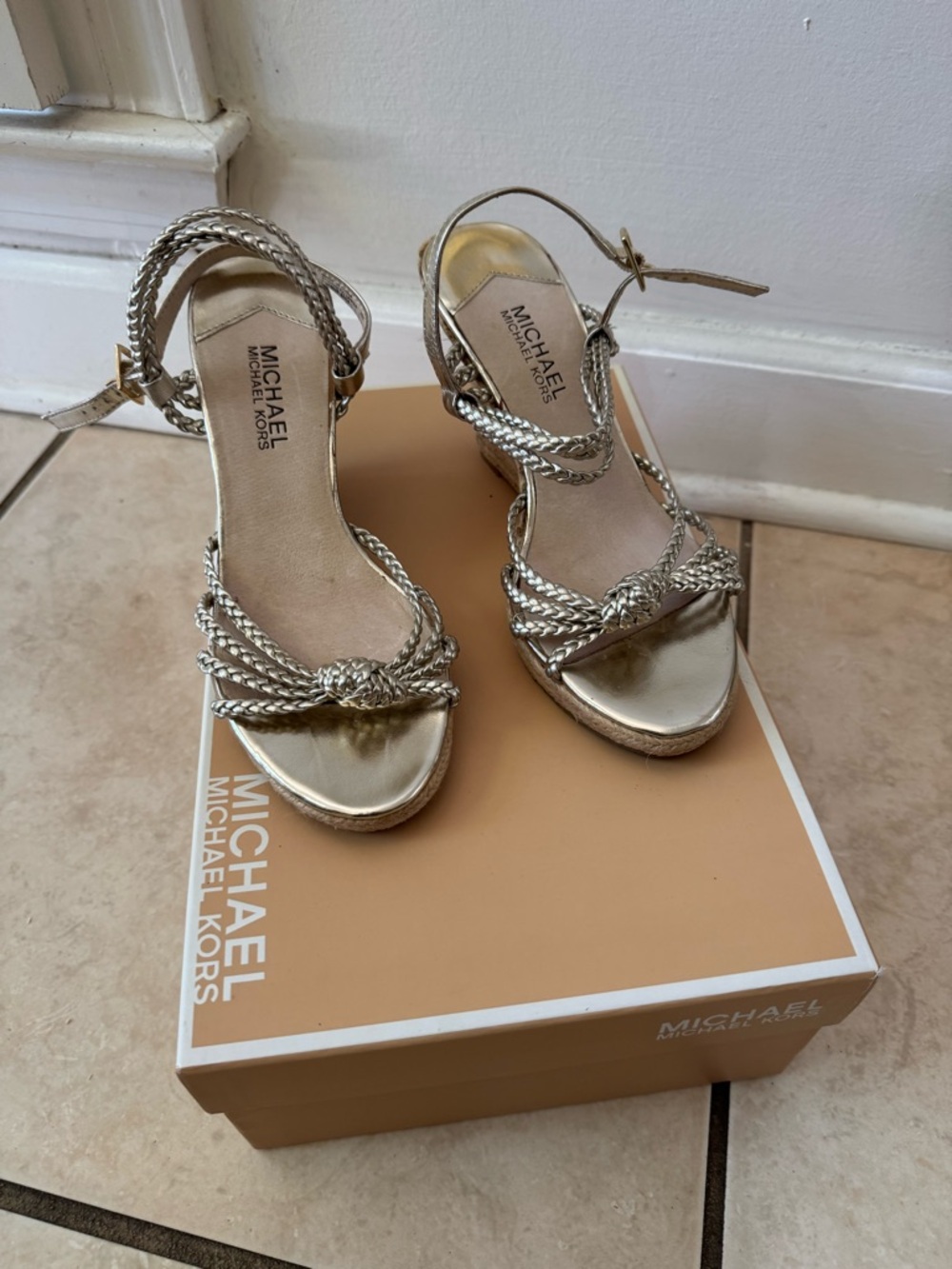 MICHAEL Michael Kors Metallic Gold Braided Wedge Sandals